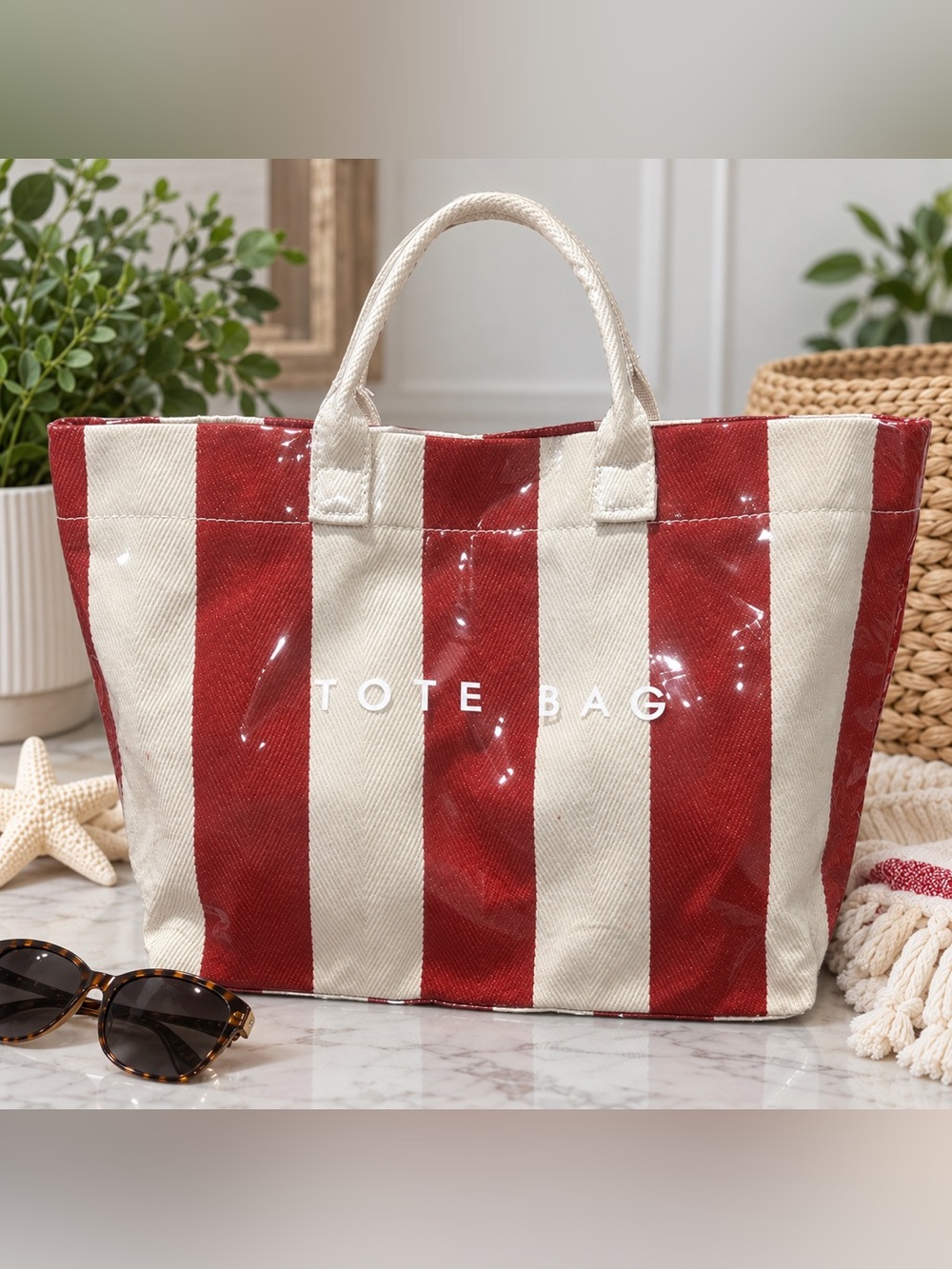 👜 NWOT Glossy Coated Striped Canvas “TOTE BAG” Beach Overnighter Red & Cream